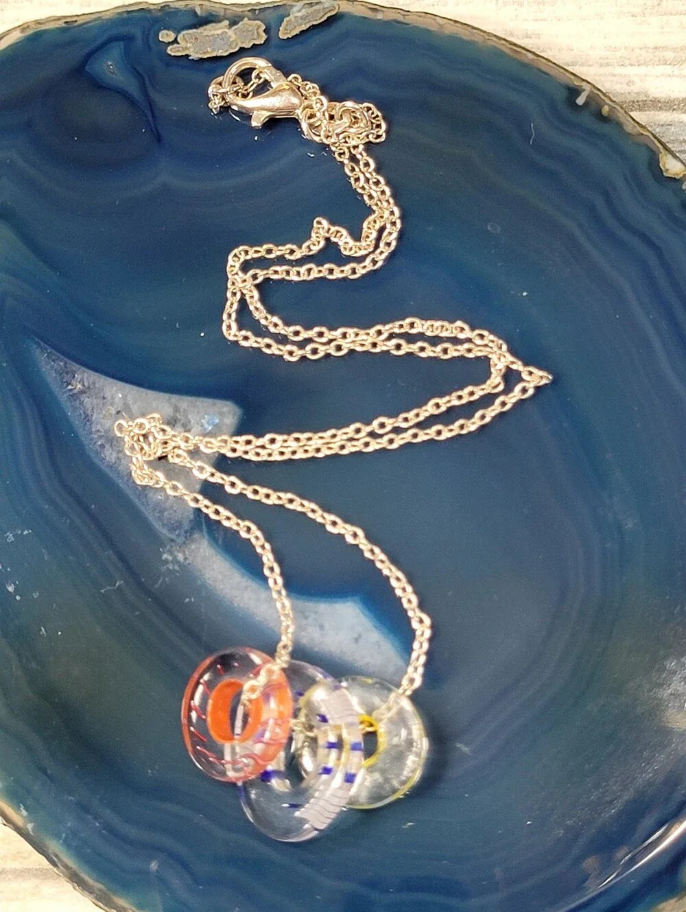 Silver Chain Necklace with Multicolor Three Glass Ring Pendants.